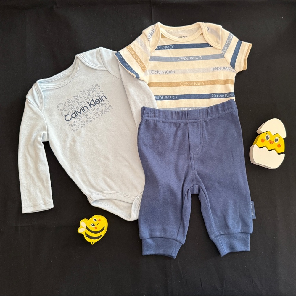 Calvin Klein Baby Boys Logo 3-pc Bodysuits Pats Set Blue White Stripes NWT